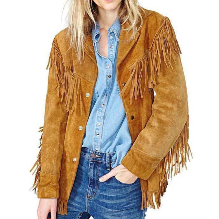 Women Native American Western Suede Leather Fringed Coat