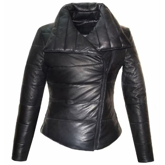 Women Puffer Leather Jacket in Black - Fashion Leather Jackets USA - 3AMOTO