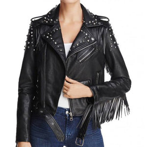 Women Punk Style Black Studded Biker Leather Jacket
