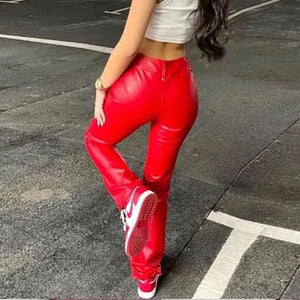 Women Red Leather Front Lace-up Pants