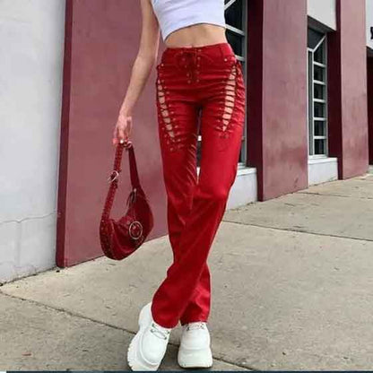 Women Red Leather Front Lace-up Pants