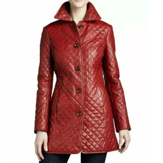 Women Red Leather Midi Trench Coat - Fashion Leather Jackets USA - 3AMOTO