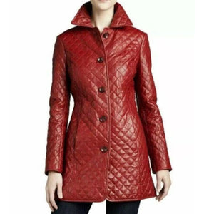 Women Red Leather Midi Trench Coat