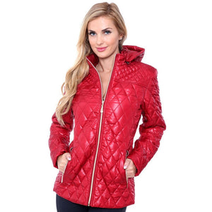 Women Red Leather Puffer Jacket with Curvy Hood
