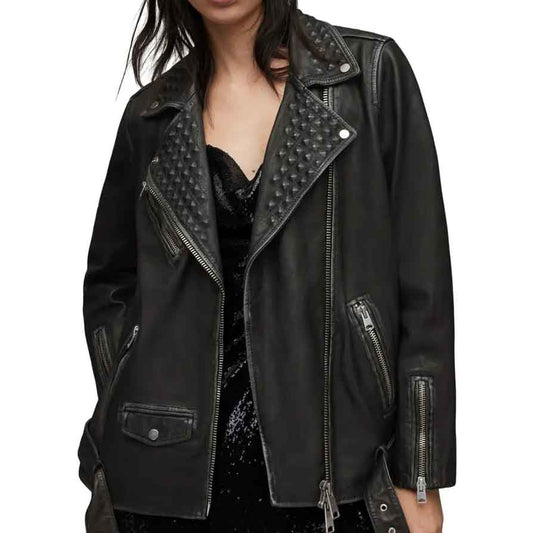 Women Studded Leather Biker Jacket - Fashion Leather Jackets USA - 3AMOTO