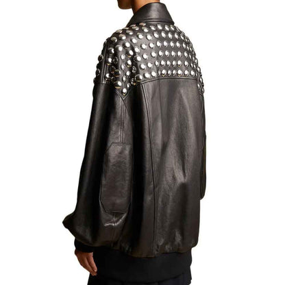 Studded Oversize Leather Bomber Jacket