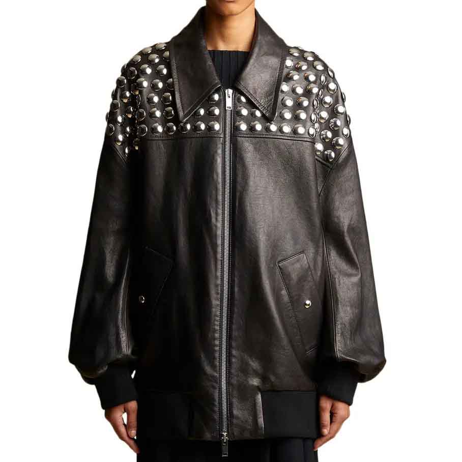 Black bomber women studded leather jacket
