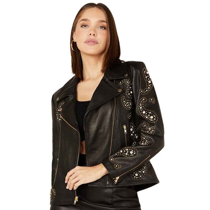 Women Studded Leather Moto Jacket in Black