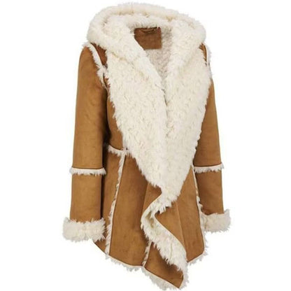 Women Suede Leather Shearling Fur Overcoat