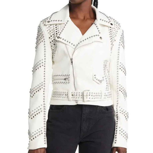 Women White Leather Studded Jacket with Belt - Fashion Leather Jackets USA - 3AMOTO