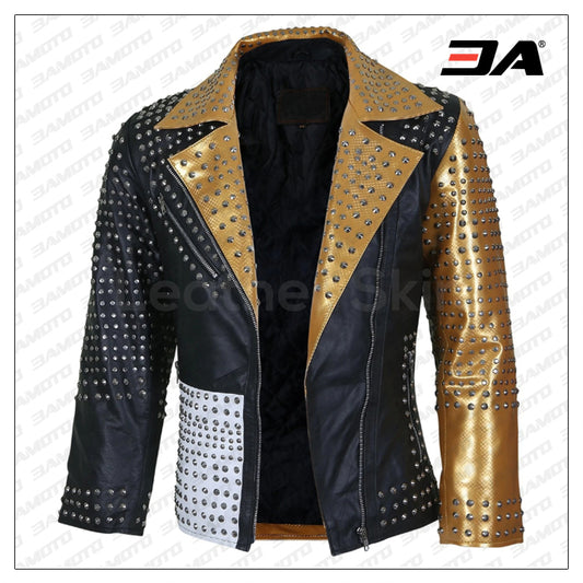 Women Black And Gold Leather Jacket With Cone Spikes - Fashion Leather Jackets USA - 3AMOTO