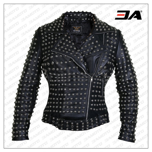 Women Black Brando Belted Round Cap Studded Leather Jacket - Fashion Leather Jackets USA - 3AMOTO
