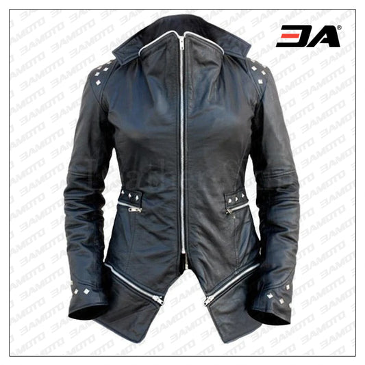 Women Black Leather Jacket With Spiked On Shoulder - Fashion Leather Jackets USA - 3AMOTO