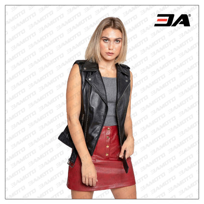 Women Black Leather Vest