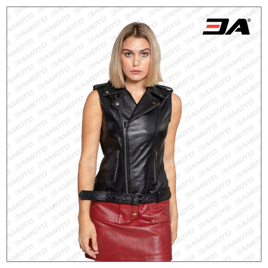 Women Black Leather Vest - Fashion Leather Jackets USA - 3AMOTO