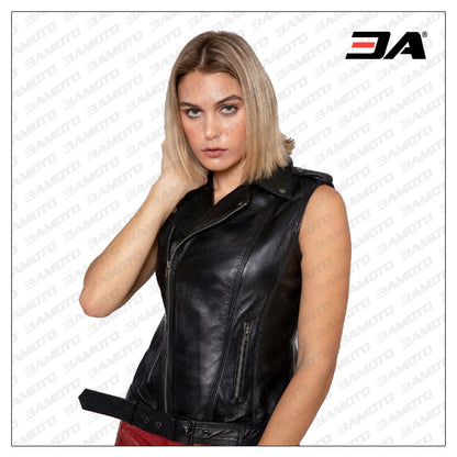 Women Black Leather Vest