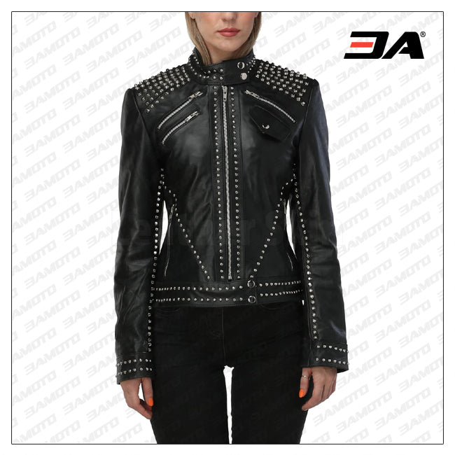 Women Black Studded Leather Jacket