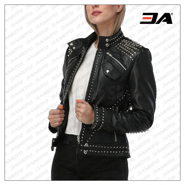 Womens Collarless Round Neck Black Genuine Leather Jacket - Lambskin