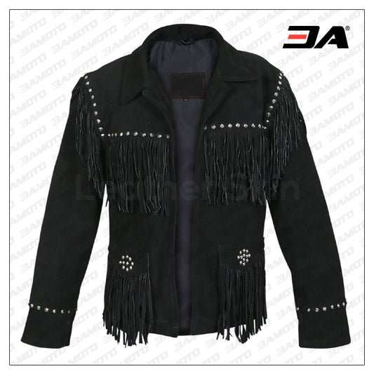 Women Black Western Fringes Cone Spike Studs Suede Leather Jacket - Fashion Leather Jackets USA - 3AMOTO