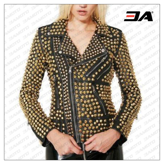 Women Fashion Studded Punk Rock Leather Jacket