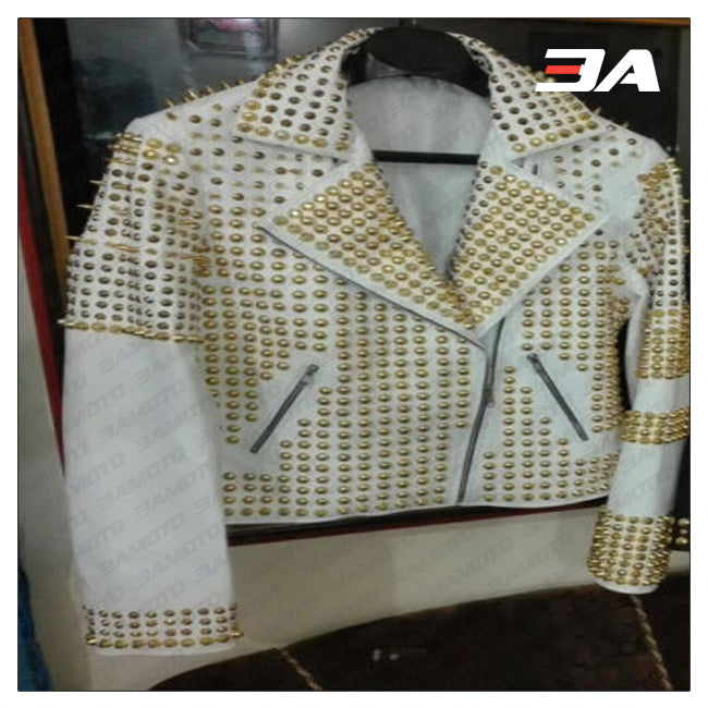 Women Fashion Studded Punk Rock Leather Jacket White