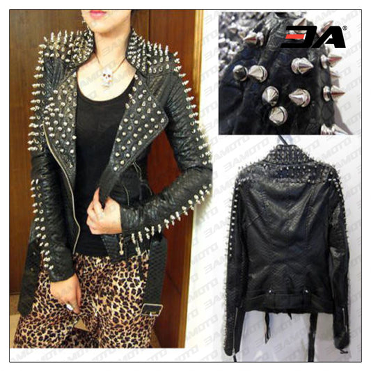 Women Fashion Studded Punk Rock Leather Jacket Black - Fashion Leather Jackets USA - 3AMOTO