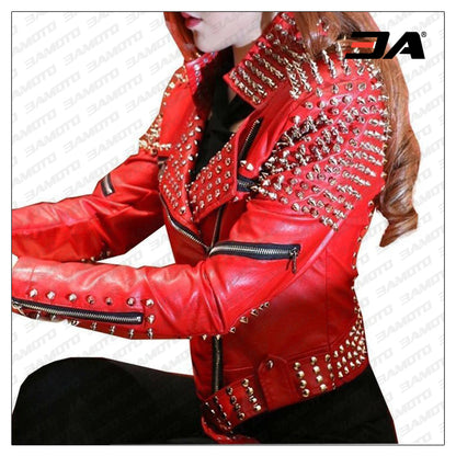 Women Fashion Studded Punk Rock Leather Jacket