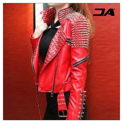 Women Fashion Studded Punk Rock Leather Jacket for sale