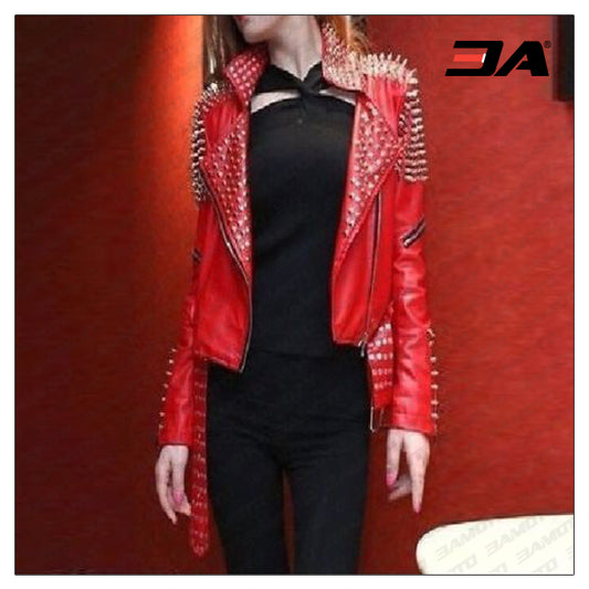 Women Fashion Studded Punk Rock Leather Jacket - Fashion Leather Jackets USA - 3AMOTO