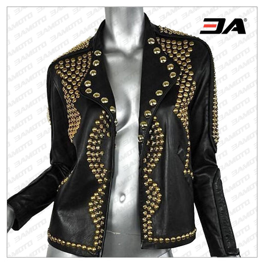 Women Golden Studded Leather Jacket, Steam Punk Golden Jacket, Dome Large Golden Studded Leather Jacket Steam Punk Rocker Girl Jacket - 3A MOTO LEATHER - Fashion Leather Jackets USA - 3AMOTO