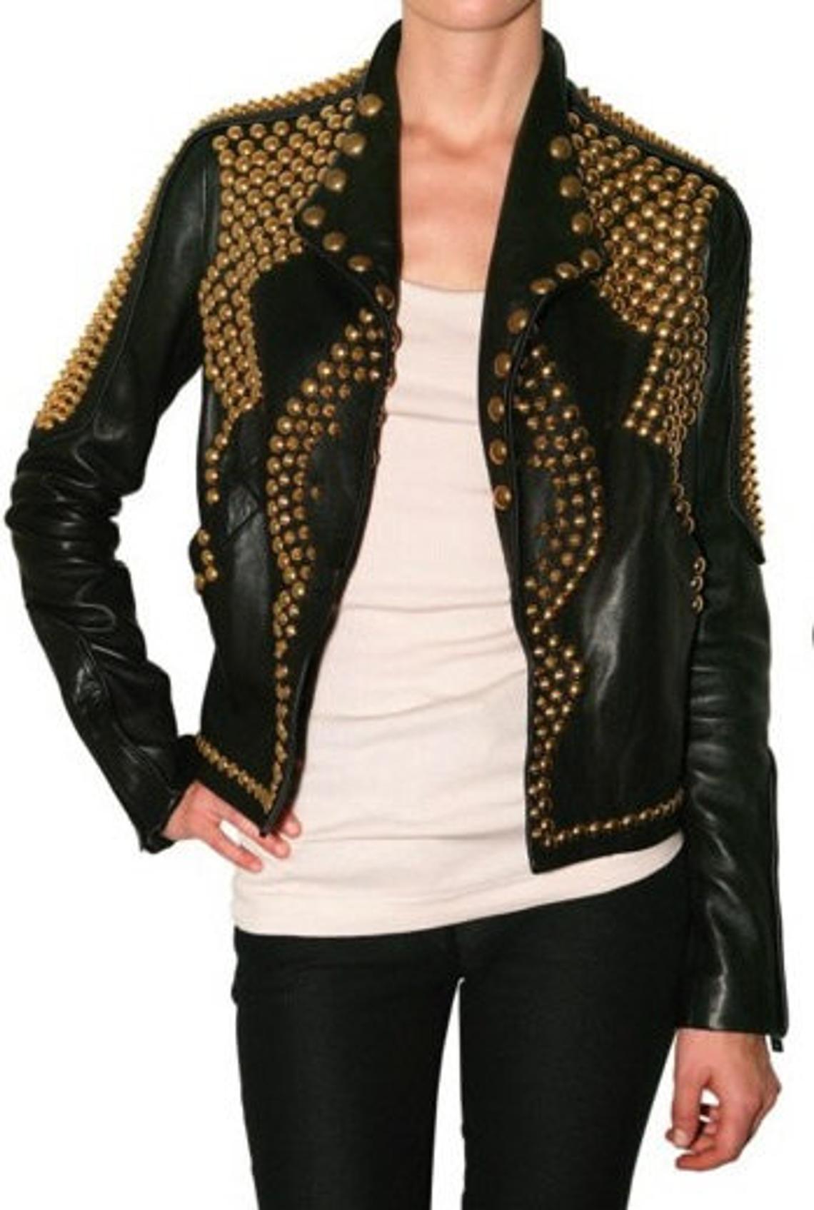 Women Golden Studded Leather Jacket, Steam Punk Golden Jacket, Dome Large Golden Studded Leather Jacket Steam Punk Rocker Girl Jacket - 3A MOTO LEATHER