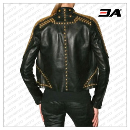 Women Golden Studded Leather Jacket, Steam Punk Golden Jacket, Dome Large Golden Studded Leather Jacket Steam Punk Rocker Girl Jacket - 3A MOTO LEATHER