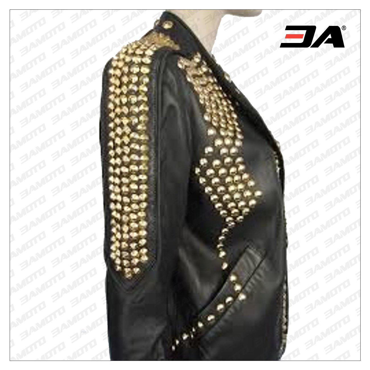 Women Golden Studded Leather Jacket, Steam Punk Golden Jacket, Dome Large Golden Studded Leather Jacket Steam Punk Rocker Girl Jacket - 3A MOTO LEATHER