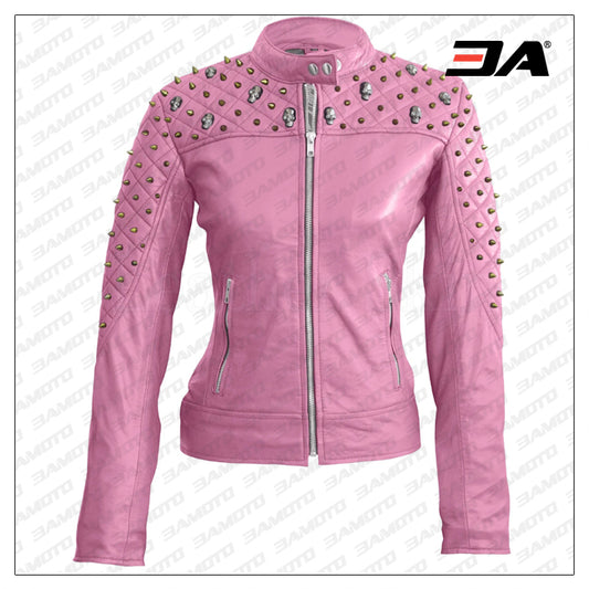 Women Pink Quilted Gold Studded Skeletons Genuine Leather Jacket - Fashion Leather Jackets USA - 3AMOTO