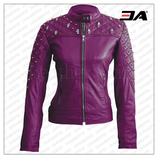 Women Purple Quilted Gold Studded Skeletons Genuine Leather Jacket - Fashion Leather Jackets USA - 3AMOTO