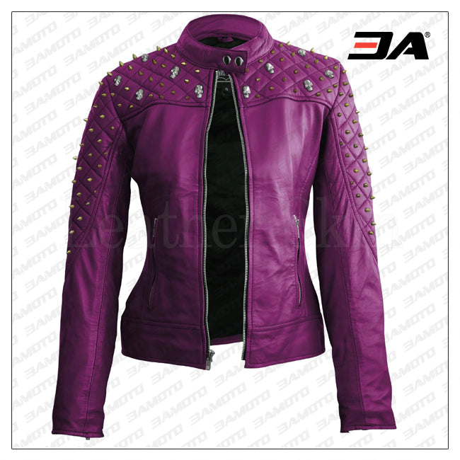 Medium Purple Spiked Sleeves and 2024 Collar Leather Jacket