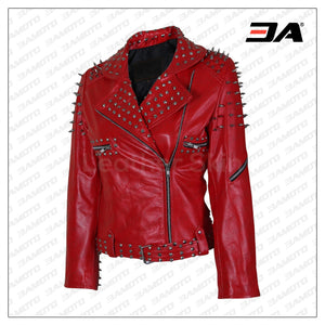 Women Red Leather Jacket With Spike Studs