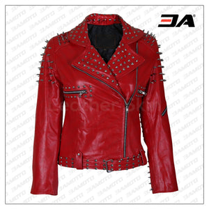 Women Red Leather Jacket With Cone And Tree Spike Studs