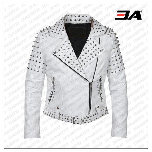 Women White Leather Jacket With Cone Tree Spikes - Fashion Leather Jackets USA - 3AMOTO