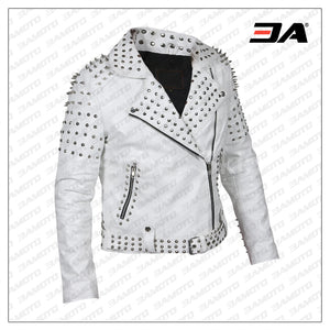 Women White Leather Jacket With Cone Tree Spikes for sale