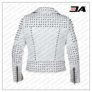 Cheap Women White Leather Jacket With Cone Tree Spikes
