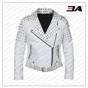 Women White Leather Jacket With Cone Tree Spikes