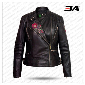 Women Black Printed Leather Biker Jacket