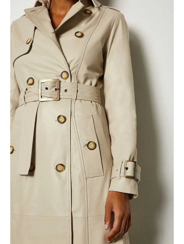 Women s Beige Sheepskin Leather Trench Coat