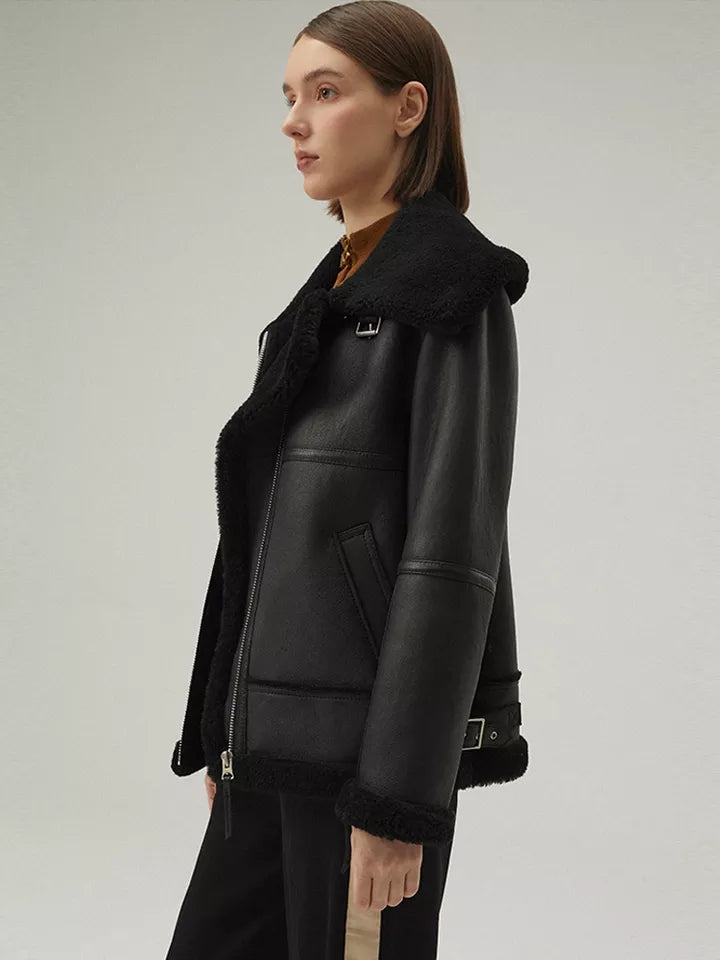 Women's black sheepskin outlet coat