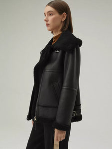 Women’s Matte Black Leather White Shearling Coat Jacket