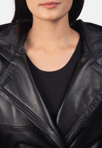 Women’s Black Leather Hooded Trench Coat