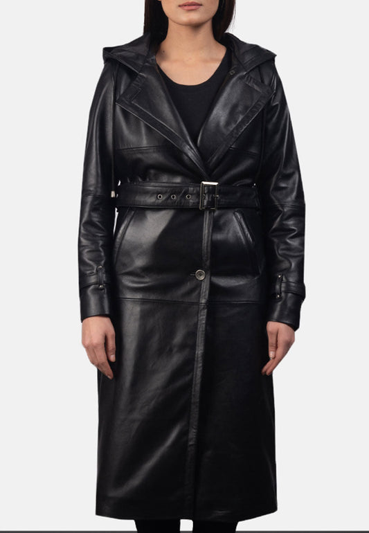 Women’s Black Leather Hooded Trench Coat - Fashion Leather Jackets USA - 3AMOTO