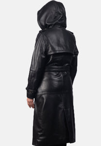 Women’s Black Leather Hooded Trench Coat