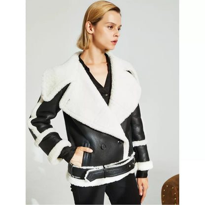 Women’s Black Leather White Shearling Big Collar Coat